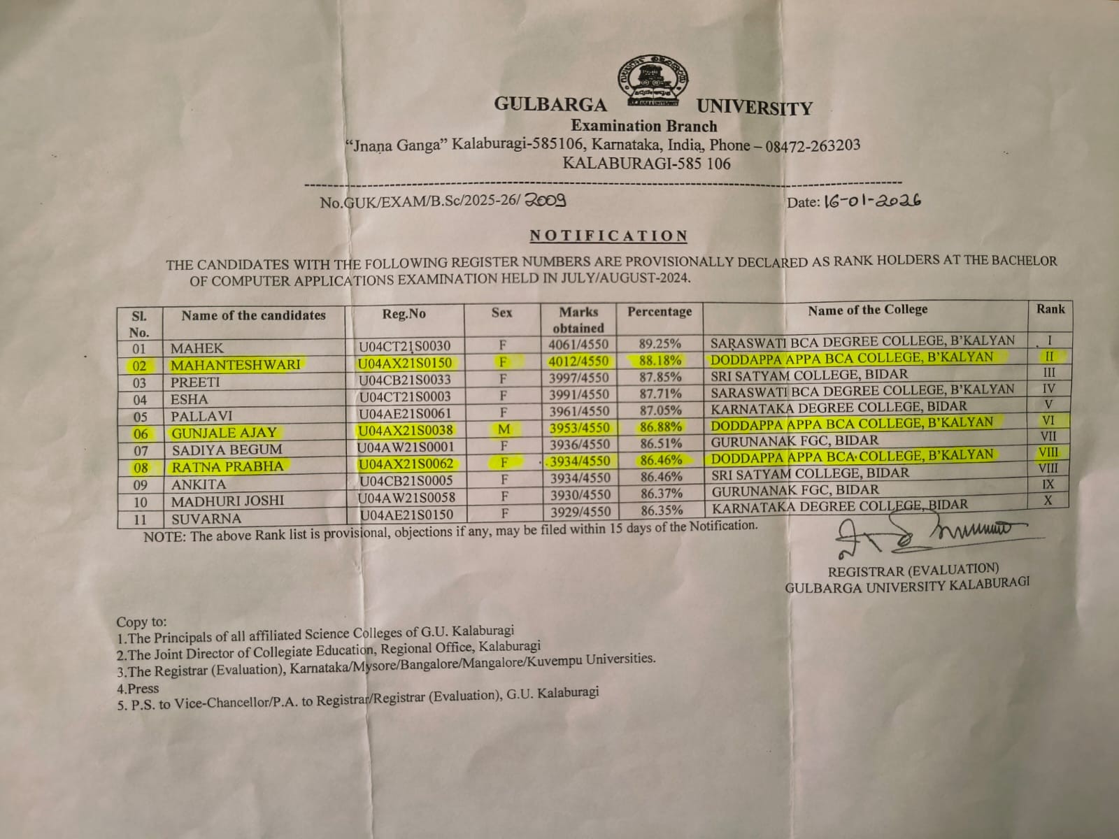 Gulbarga University rank notification 2024-25